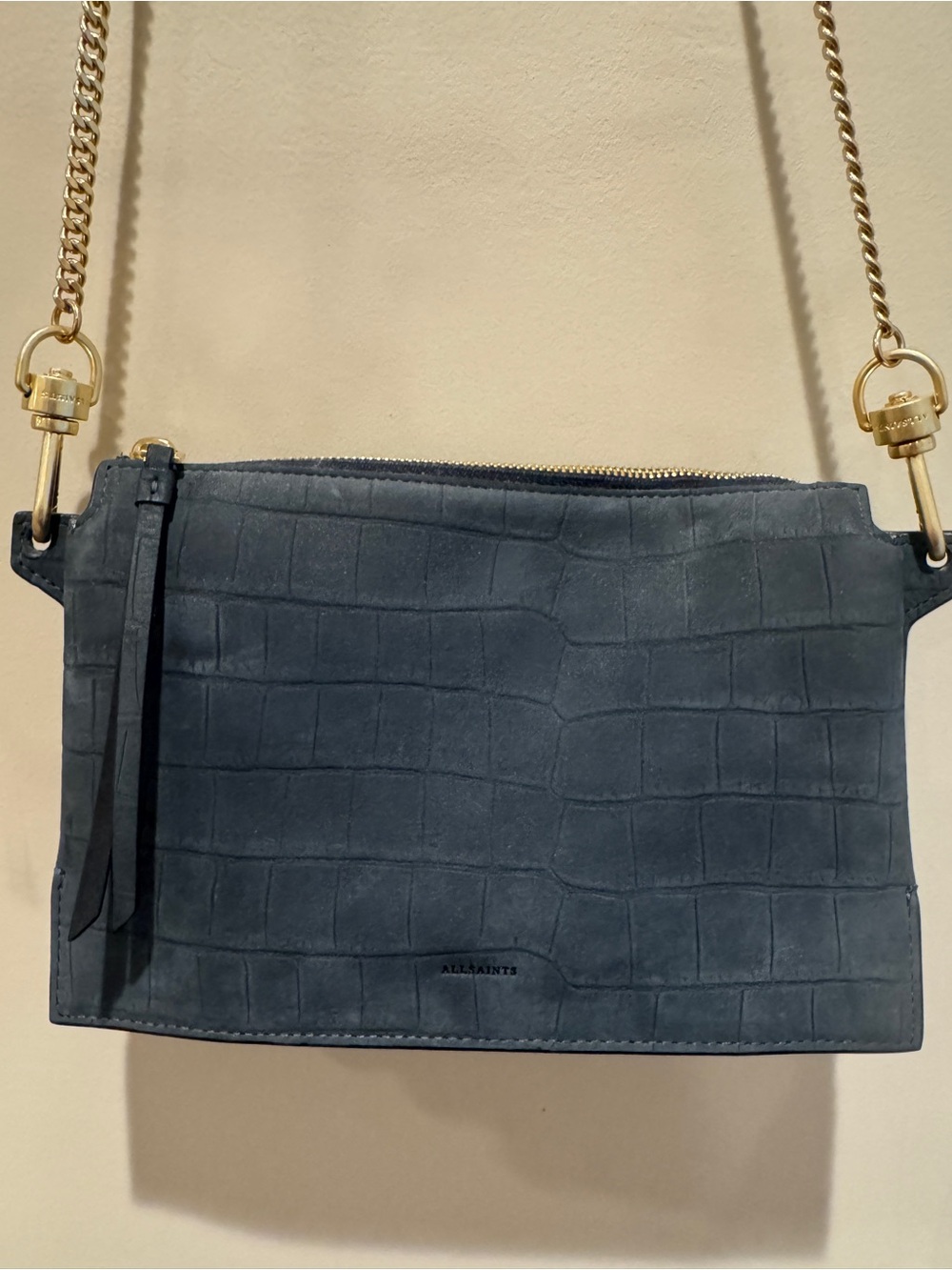 All Saints Blue Croc-Embossed Suede Chain Crossbody